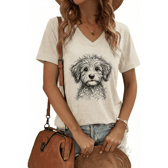 VNJQPG Cute Dog Sketch tshirts shirts for women V Neck Graphic-V2-Beige,XL