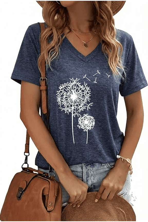 Dandelion Puff womens v neck t shirts Casual Tee Shirt-V1-Heather Navy,M