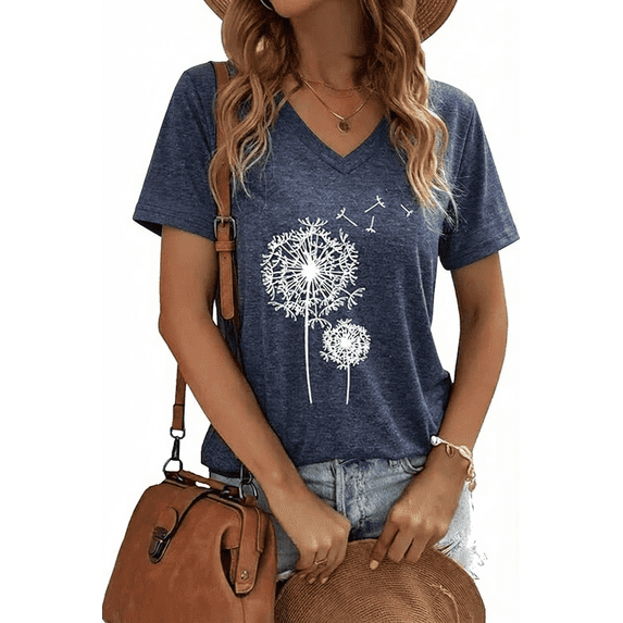 VNJQPG Dandelion Puff womens v neck t shirts Casual Tee Shirt-V1-Heather Navy,M