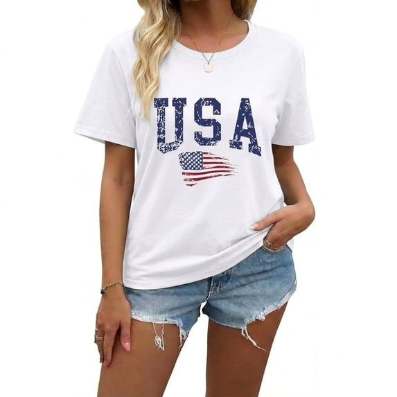 VNJQPG Distressed USA Flag tshirts shirts for women Casual Tee-Y7-White,L