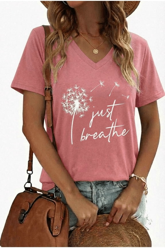 Just Breathe Dandelion womens tshirts graphic V-Neck Tee-V4-Dusty Pink,2XL