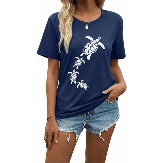 VNJQPG Sea Turtle summer shirts for women Casual Short Sleeve Tee-Y10-Navy Blue,M