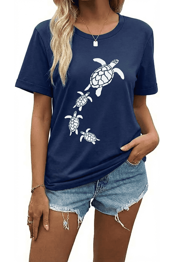 Sea Turtle summer shirts for women Casual Short Sleeve Tee-Y10-Navy Blue,XL