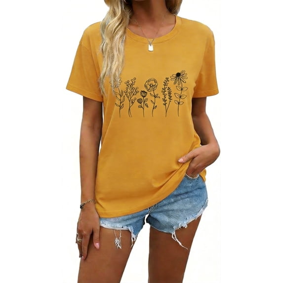 VNJQPG Wildflower Botanical graphic tees for women Casual Tee-Y9-Mustard Yellow,S