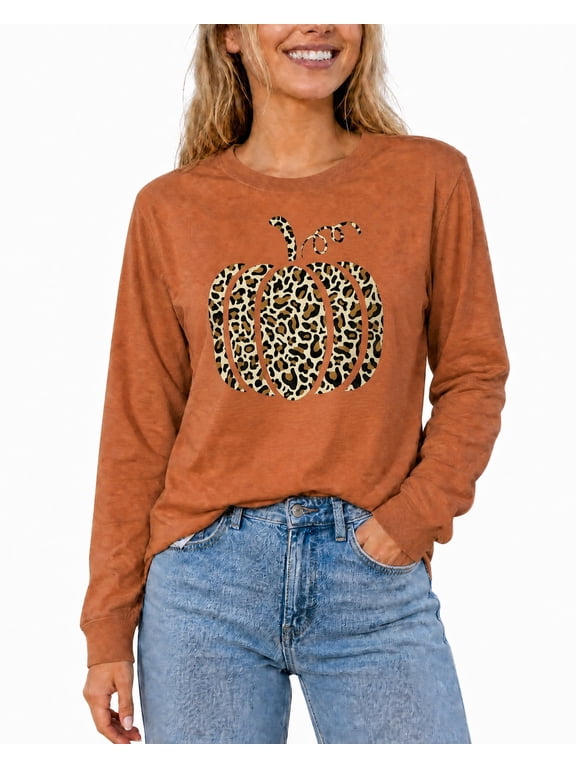 Women's Leopard Pumpkin Print Long Sleeve Fall Graphic Tee Shirt(C2 - Rust,XL)