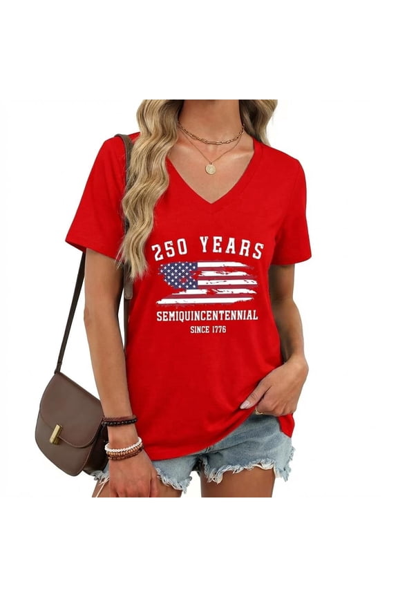 Women's Patriotic Flag 250 Years Semiquincentennial V-Neck Tee-XL,Red