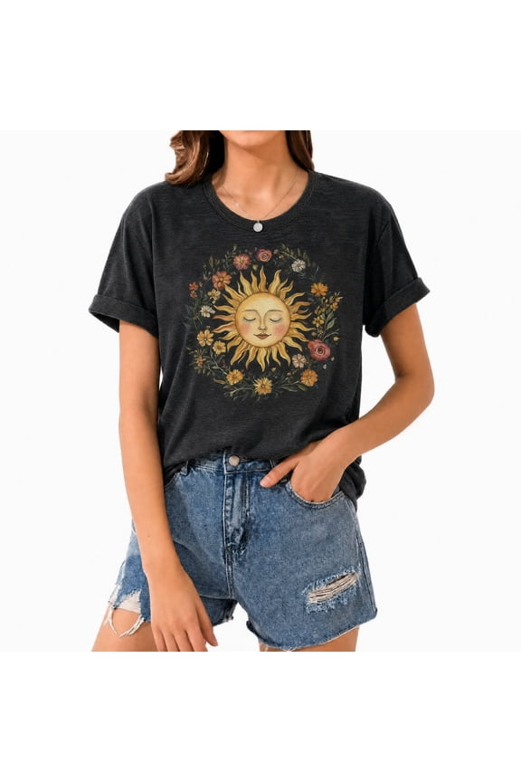 Women's Vintage Celestial Sun Floral T-Shirt Retro Aesthetic Graphic Tee(Y8-Black,S)