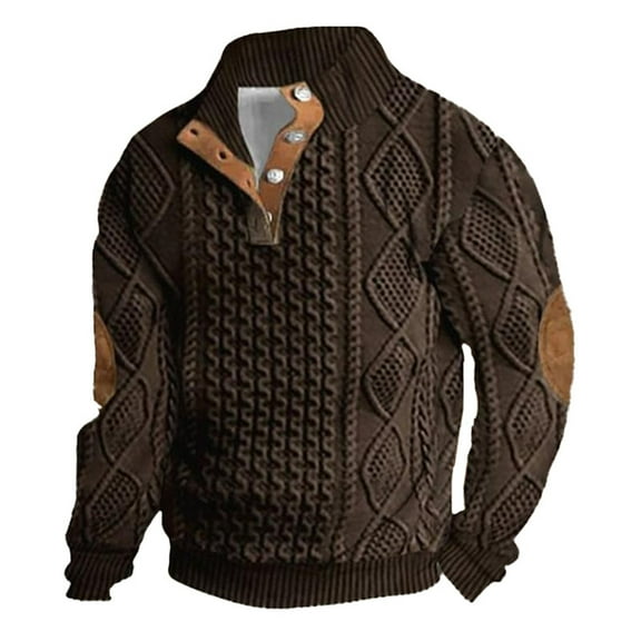 VNKIDY 2025 Men's Winter Patchwork Printed Stand Up Collar Fashionable Casual Retro Long Sleeved Hoodless Sweatshirt Male Pullover Autumn Streetwear Comfort