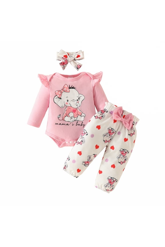 Baby Girls Long Sleeve Elephant Print O-Neck Romper Pants Headband Outfits Sets Cute Animal Theme Playwear Versatile