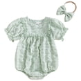 thumbnail image 1 of VNKIDY Baby Girls Solid Color Jumpsuit Set Puff Short Sleeve Crewneck Ruffled Hem Romper Matching Bow Headband For Spring Summer Daily Wear Green 3-6 Months, 1 of 8