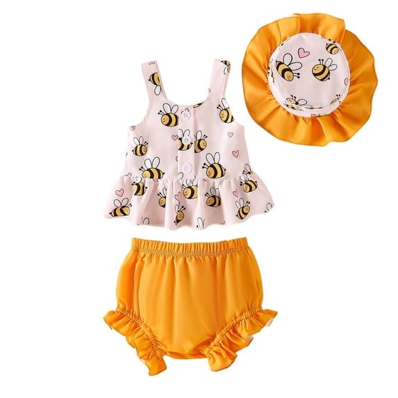 VNKIDY Baby Girls Three Piece Bee Outfit Set Bee Print Ruffle Hem Cami Top Striped Shorts Matching Sun Hat Summer Set For Daily Wear Yellow 18M