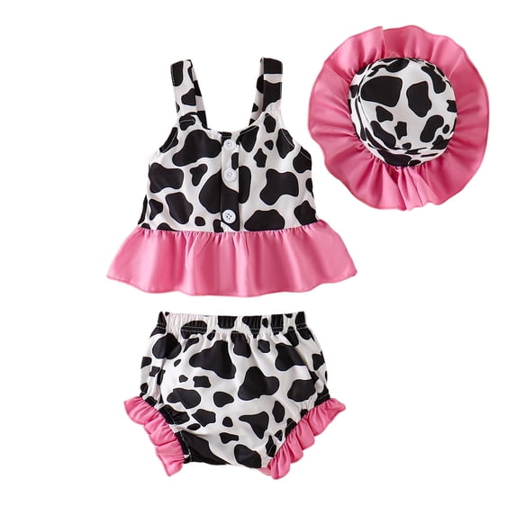 VNKIDY Baby Girls Three Piece Cow Outfit Set Cow Print Ruffle Hem Cami Top Striped Shorts Matching Sun Hat Summer Set For Daily Wear Black 18M