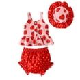 thumbnail image 1 of VNKIDY Baby Girls Three Piece Strawberry Outfit Set Strawberry Print Ruffle Hem Cami Top Striped Shorts Matching Sun Hat Summer Set For Daily Wear Red 3Y, 1 of 6