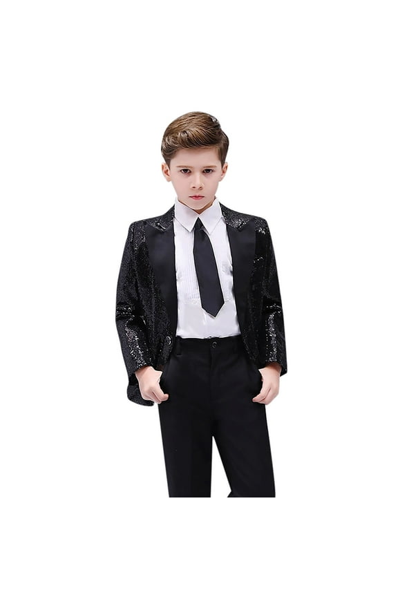 Boy's Shirt Autumn Winter Kids Solid Color Long Sleeve Button Front Sequin Blazer With Tie For Formal Special Occasions Classic Top