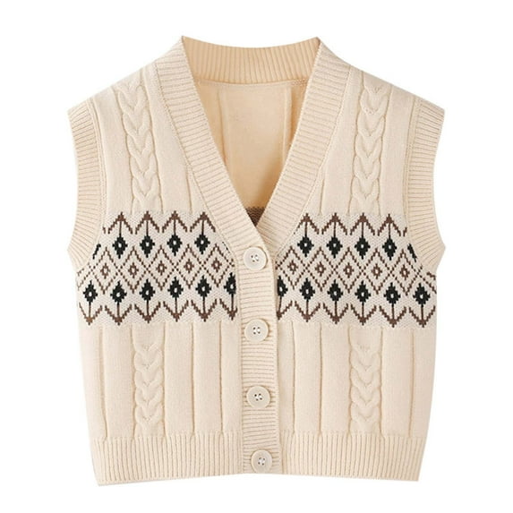 VNKIDY Boy's Shirt Fall Winter Kids Retro Argyle Pattern V Neck Knit Vest Sleeveless Button Front Coat For Daily Casual School Occasions Casual Top