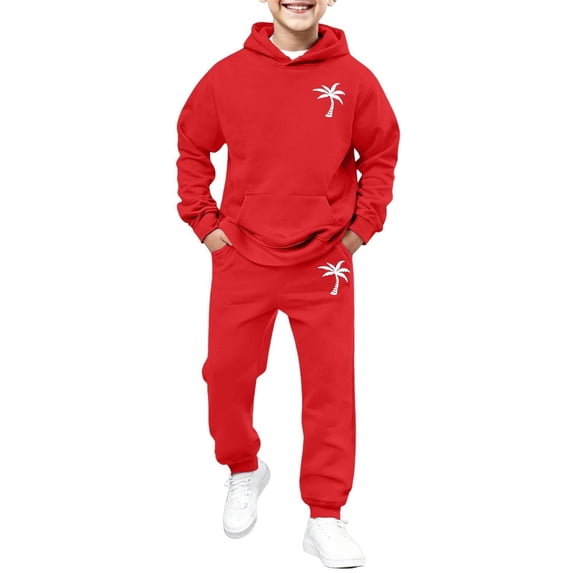 VNKIDY Boys 2 Piece Tracksuit Kids Tree Print Long Sleeve Hoodie With Kangaroo Pocket Matching Jogger Pants For Casual Daily Wear Classic Set