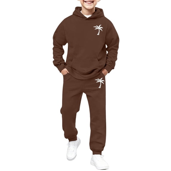 VNKIDY Boys 2 Piece Tracksuit Kids Tree Print Long Sleeve Hoodie With Kangaroo Pocket Matching Jogger Pants For Casual Daily Wear Versatile Set