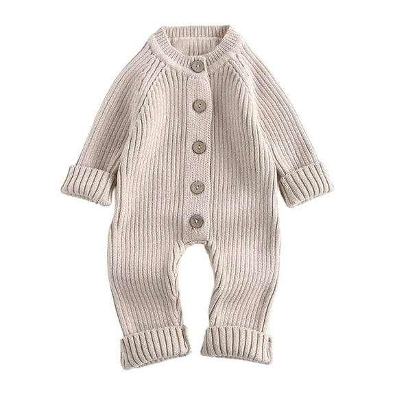 VNKIDY Boys Bodysuits Baby Knitted Ribbed Texture Romper With Wooden Buttons Long Sleeve Solid Color Crewneck Bodysuit For Winter Daily Wear Warm Styling Cute Onesie