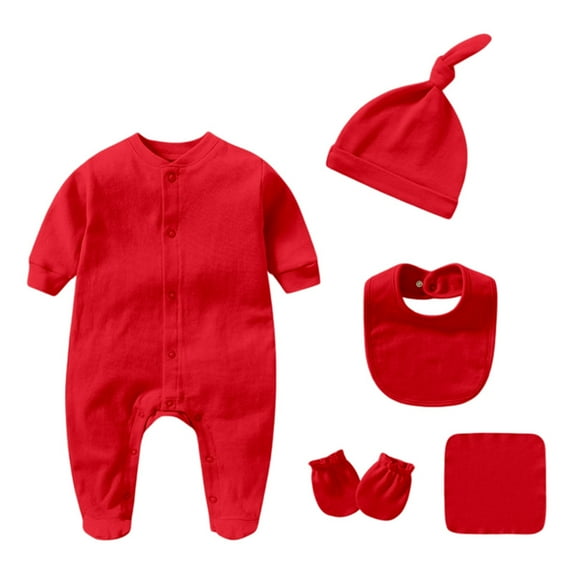 VNKIDY Boys Bodysuits Baby Minimalist Solid Color Romper Long Sleeve Crewneck Bodysuit With Matching Hat Gloves Bib Handkerchief For Daily Wear Leisure Onesie