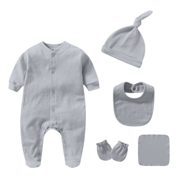 VNKIDY Boys Bodysuits Baby Solid Color Romper Long Sleeve Crewneck Bodysuit With Matching Hat Gloves Bib Handkerchief For Daily Wear Basic Styling Casual Onesie