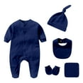thumbnail image 1 of VNKIDY Boys Bodysuits Baby Solid Color Romper Long Sleeve Crewneck Bodysuit With Matching Hat Gloves Bib Handkerchief For Daily Wear Basic Styling Lovely Onesie, 1 of 2