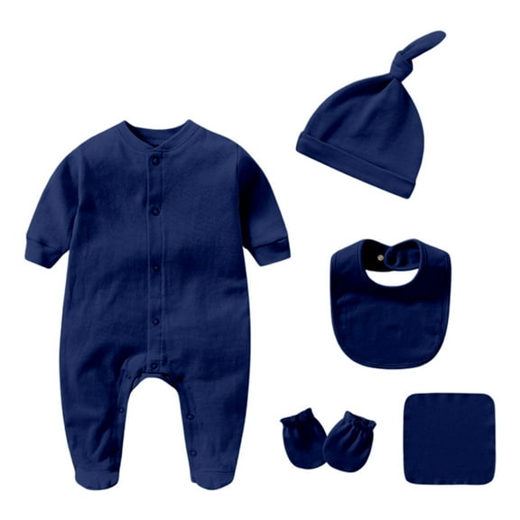VNKIDY Boys Bodysuits Baby Solid Color Romper Long Sleeve Crewneck Bodysuit With Matching Hat Gloves Bib Handkerchief For Infant's Daily Wear Basic Styling Stylish Onesie