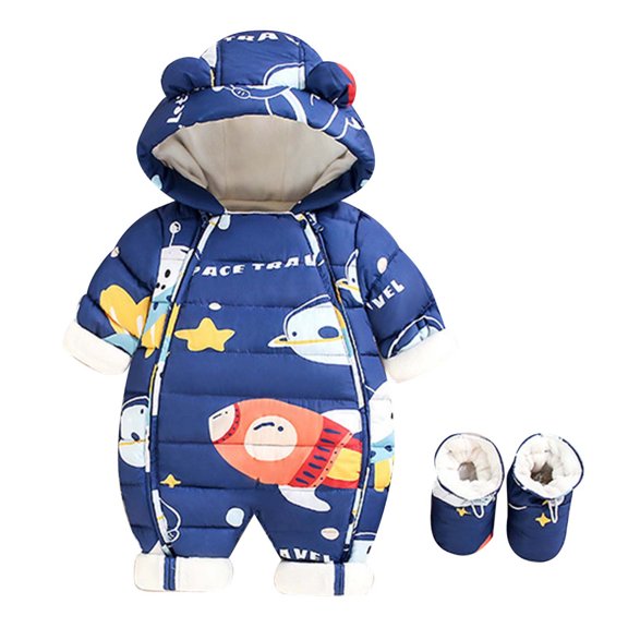 VNKIDY Boys Bodysuits Fall Winter Baby Space Cartoon Prints Thermal Onesie Long Sleeve Hooded Romper For Daily Wear Warm Styling Relaxed Fit Onesie