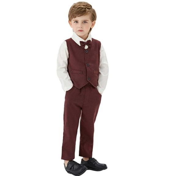 VNKIDY Boys Formal Suit Sets Elegant Round Neck Vests Bow Tie O-Neck Long Sleeve Shirt And Pants Outfits Sets For Toddler Kids Party Wedding Boho
