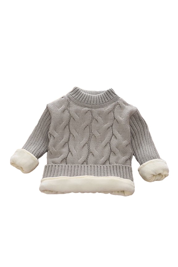 Boys Girls Cable Knit Sweater Kids Solid Color Plush Lined Turtleneck Cable Knit Texture Warm Jumper For Winter Cold Weather Daily Wear Gray 1-2 Years