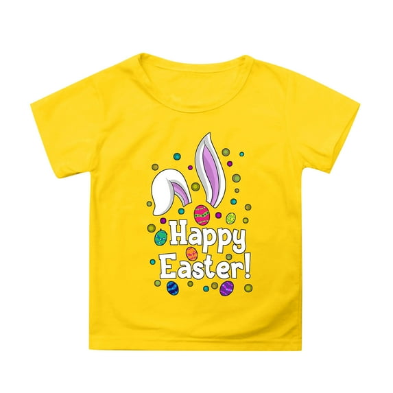 VNKIDY Boys Girls Easter T-Shirts Unisex Kids Easter Letter Bunny Ear Graphic Tees Short Sleeve Crewneck Top For Casual Daily Holiday Wear Stylish Top Yellow 4-5 Years