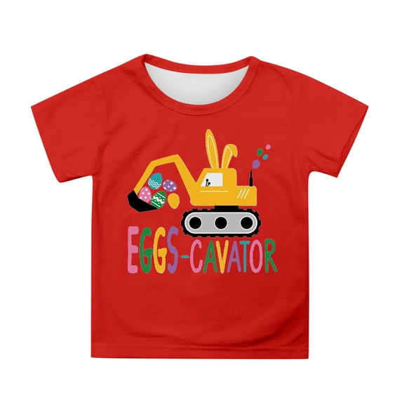VNKIDY Boys Girls Easter T-Shirts Unisex Kids cartoon Excavator Prints Tees Short Sleeve Crewneck Top For Casual Daily Holiday Wear Classic Top Red 3-4 Years