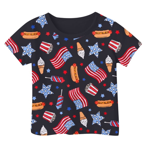 VNKIDY Boys Girls Kids American Flag Hot Dog Popcorn Ice Cream Star Graphic Print T-Shirts Casual Short Sleeve Crewneck Tees For Independence Day Festival Daily Wear Black 6-7 Years