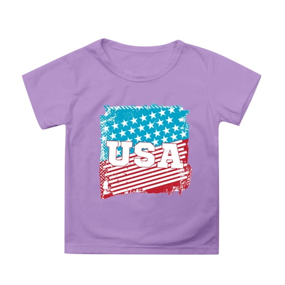 VNKIDY Boys Girls Kids Independence Day American Flag Print T-Shirts Casual Crewneck Short Sleeve Loose Fit Graphic Tees For Holiday Daily Wear Purple 4-5 Years