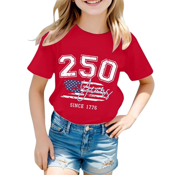 VNKIDY Boys Girls Kids Independence Day T-Shirts American Flag Letter Print Tees Short Sleeve Crewneck Loose Fit Top For Holiday Daily Wear Red 90