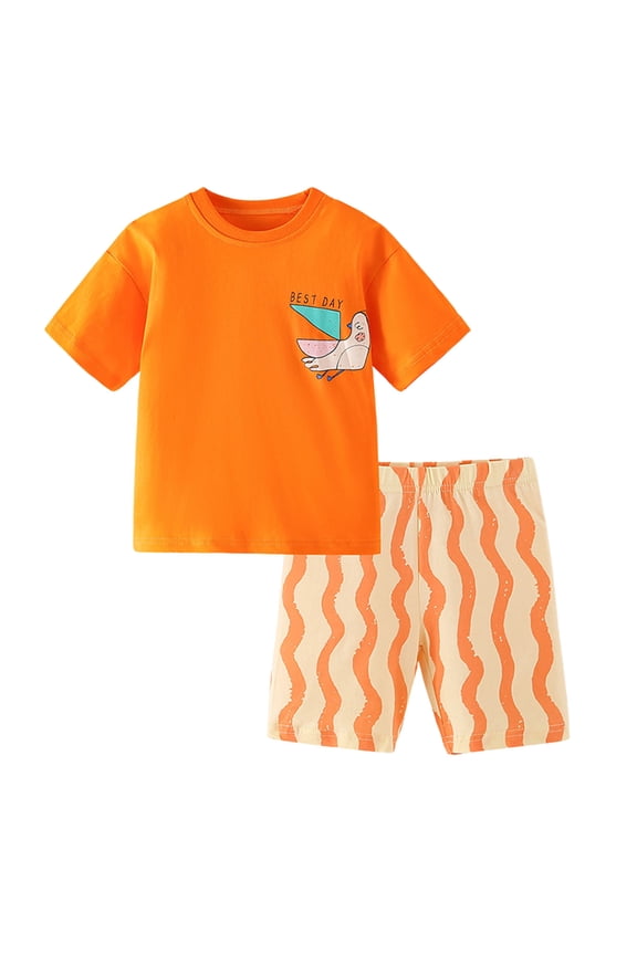 Boys Girls Kids Two Piece Outfit Set Cartoon Bird Print Short Sleeve Crewneck TShirts Stripe Shorts Casual Summer Set For Daily Wear Orange 5-6 Years