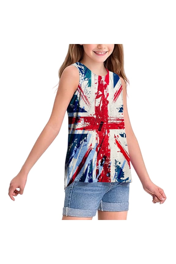 Boys Girls Kids UK Flag Print Sleeveless Tank Top Casual Crewneck Blouse For Independence Day Festival Daily Wear Beige 6-7 Years