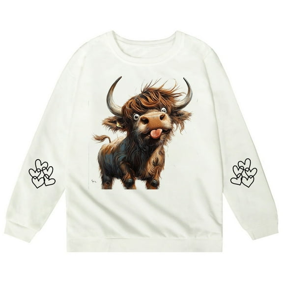 VNKIDY Boys Girls Sweatshirt Kids Cartoon Cow Pattern Print Crewneck Sweatshirt With Heart Details Long Sleeve Soft Loose Fit Pullover For Playful Casual Daily Home Wear Activities Adorable Top