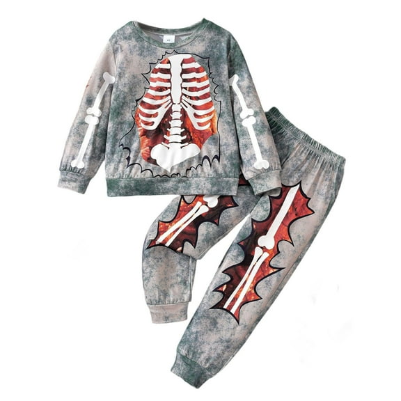 VNKIDY Boys Halloween Outfits Sets Skeleton Print O-Neck Long Sleeve Shirt And Striped Pants Sets Kids Party Dress Up Fashionable