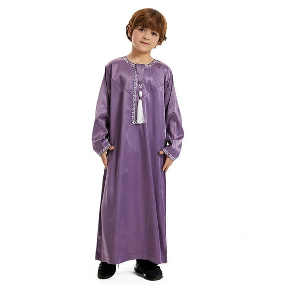 VNKIDY Boys Jacket Thobe Lightweight Solid Color Teenage Boys Long Sleeves Embroidered Robe Set Relaxed Fit Children's Wear Robe
