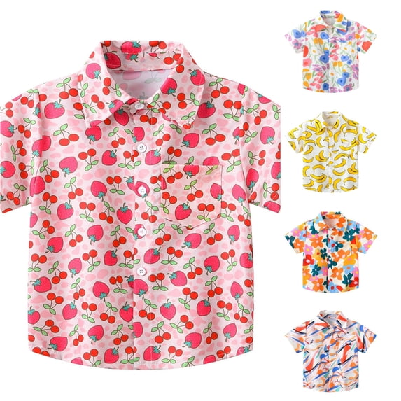 VNKIDY Boys Kids Lapel Collar Short Sleeve Strawberry Cherry Fruit Print Button Front Shirt With Single Bust Pocket Regular Loose Fit For Toddler Summer Daily Wear Hot Pink 3-4 Years