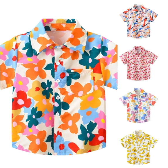 VNKIDY Boys Kids Lapel Collar Short Sleeve Strawberry Cherry Fruit Print Button Front Shirt With Single Bust Pocket Regular Loose Fit For Toddler Summer Daily Wear Orange 2-3 Years