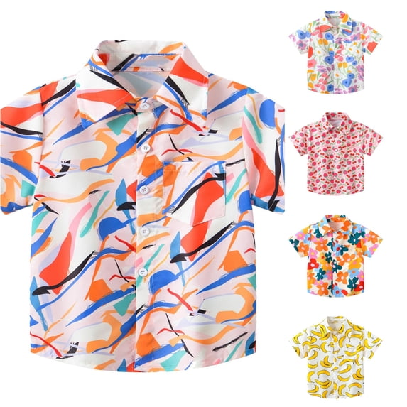 VNKIDY Boys Kids Lapel Collar Short Sleeve Strawberry Cherry Fruit Print Button Front Shirt With Single Bust Pocket Regular Loose Fit For Toddler Summer Daily Wear Pink 2-3 Years