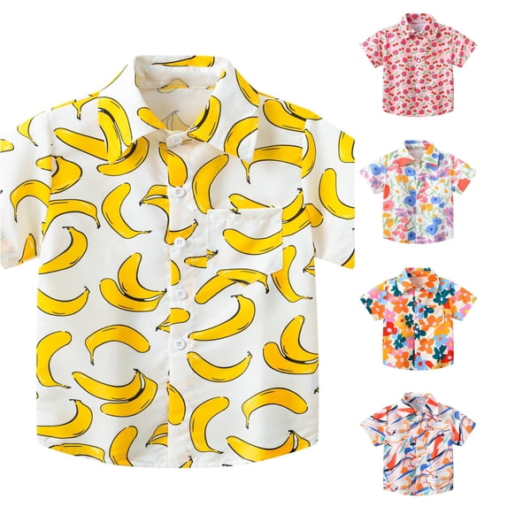 VNKIDY Boys Kids Lapel Collar Short Sleeve Strawberry Cherry Fruit Print Button Front Shirt With Single Bust Pocket Regular Loose Fit For Toddler Summer Daily Wear Yellow 4-5 Years