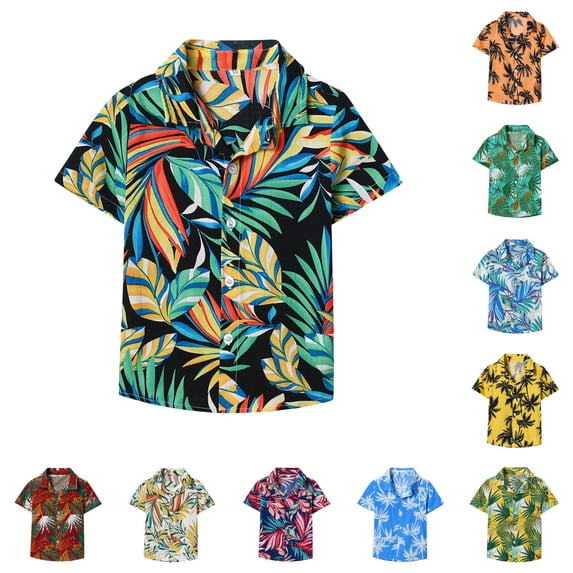 VNKIDY Boys Kids Lapel Collar Short Sleeve Tropical Colorful Leaf Print Button Down Shirt Regular Loose Fit For Toddler Summer Beach Vacation Daily Casual Wear Black 7-8 Years