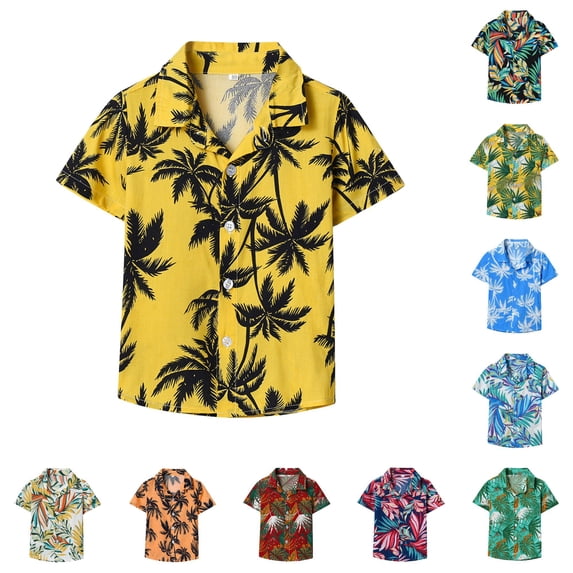 VNKIDY Boys Kids Lapel Collar Short Sleeve Tropical Colorful Leaf Print Button Down Shirt Regular Loose Fit For Toddler Summer Beach Vacation Daily Casual Wear Yellow 12-18 Months