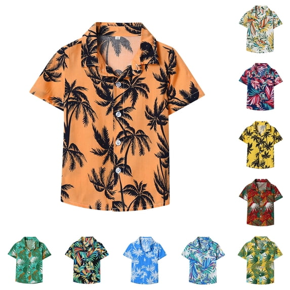 VNKIDY Boys Kids Lapel Collar Short Sleeve Tropical Colorful Leaf Print Button Down Shirt Regular Loose Fit For Toddler Summer Beach Vacation Daily Casual Wear Orange 9-12 Months