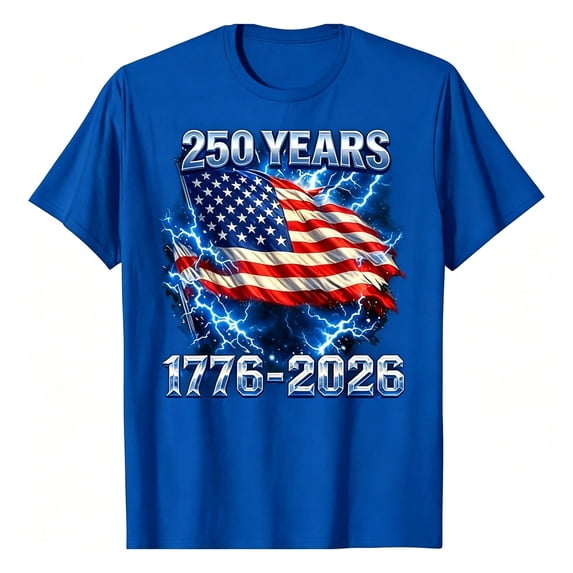 VNKIDY Boys Kids Patriotic Crew Neck T Shirt With Short Sleeve 250 Years 1776-2026 Lightning Surrounded American Flag Print For Independence Day Casual Wear Lightweight Top