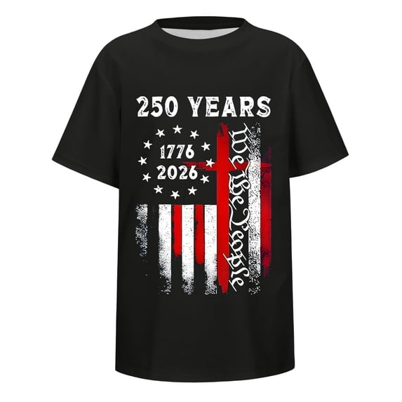 VNKIDY Boys Kids Patriotic Crew Neck T Shirt Short Sleeve 250 Years 1776-2026 We The People Cross Flag Print Tee For Independence Day Wear Holiday Top
