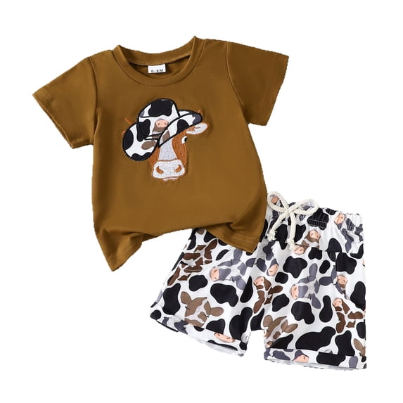 VNKIDY Boys Kids Summer Two Piece Outfit With Round Neck Short Sleeve Cow Applique Print T Shirt Elastic Waist Drawstring Shorts For Toddler Daily Wear Stylish Set