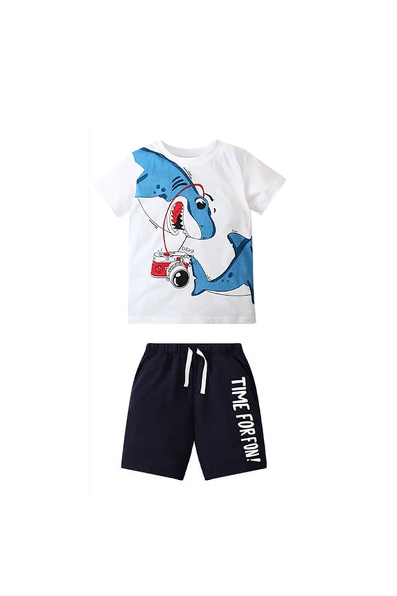 Boys Kids Summer Two Piece Outfit With Round Neck Short Sleeve Shark Print T Shirt Drawstring Waist Letter Print Shorts For Daily Play Stylish Set